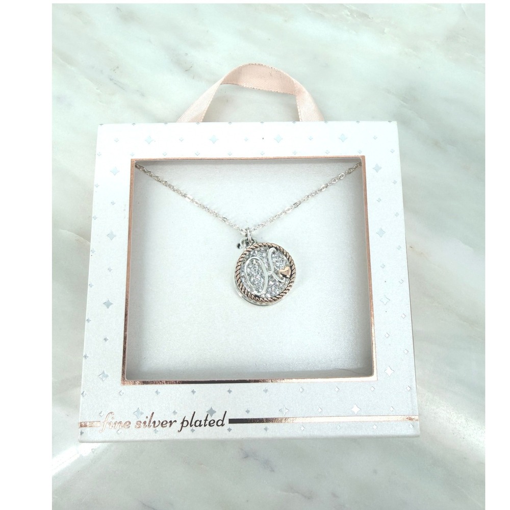 Fine Silver Plated Initial‎ K Crystal Layered Charm Pendant Necklace Rose Gold